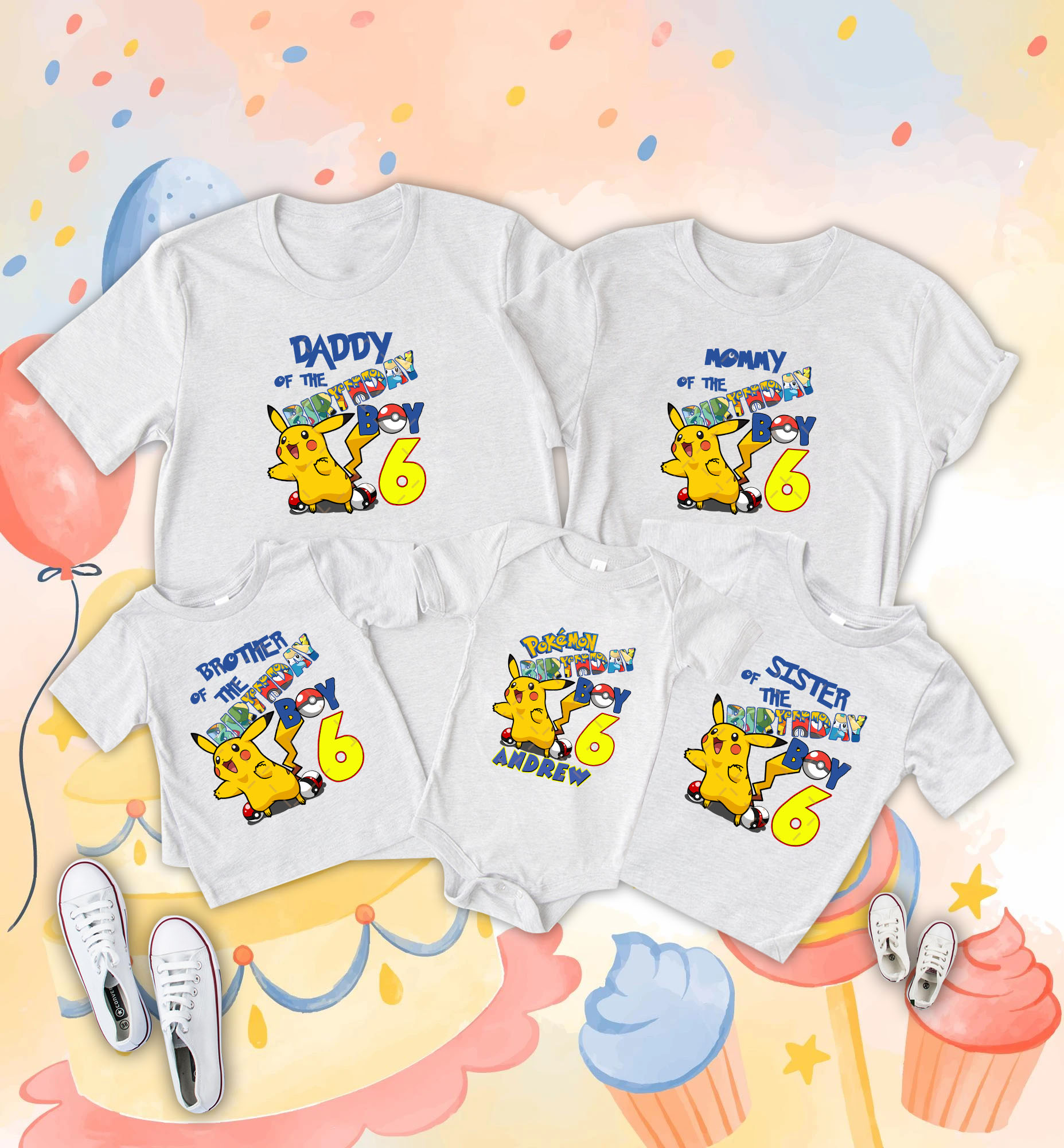 Pikachu Birthday Party For Girl Shirt, Pokemon Family shirt, Custom Name And Age Birthday Shirt