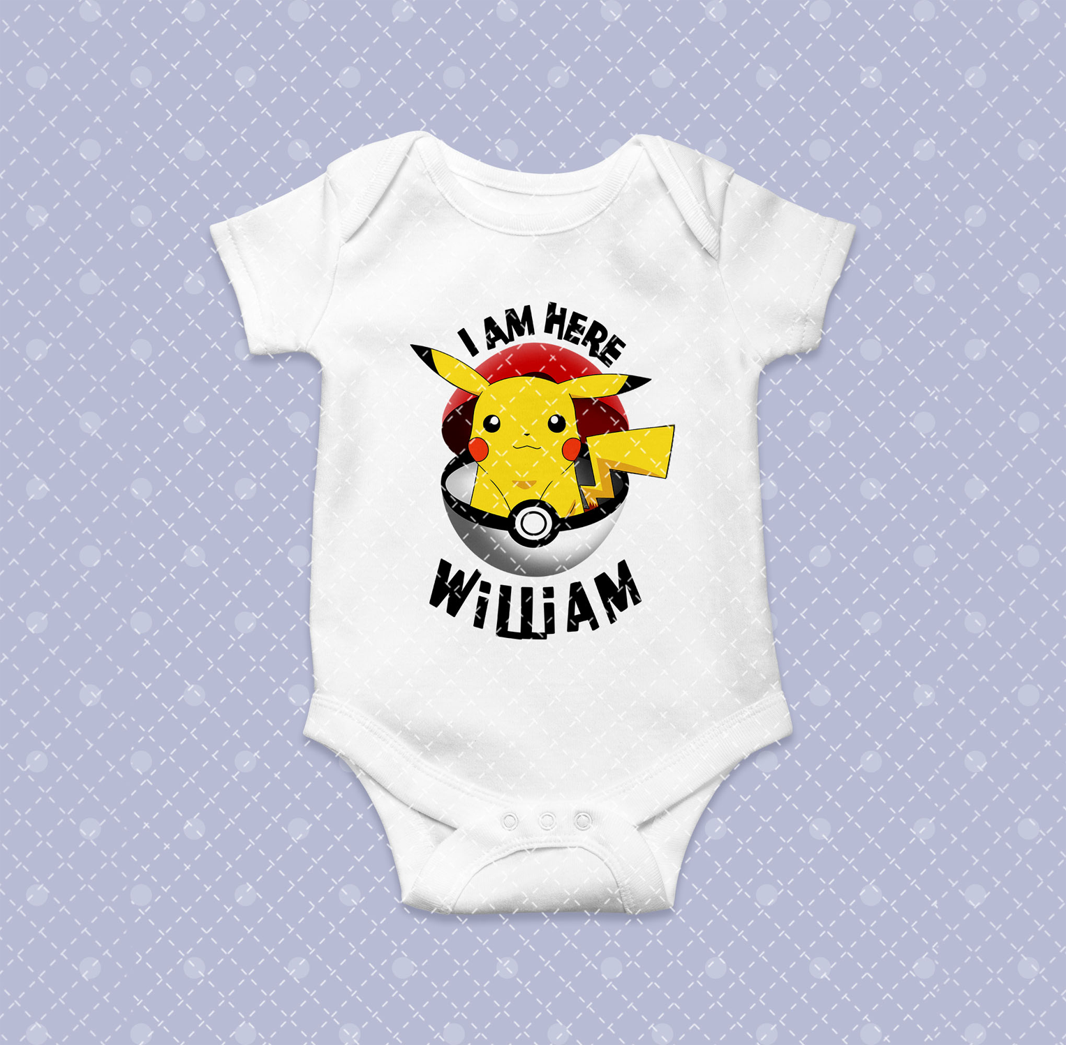 I am here Pikachu Baby Onesie,Pikachu Baby Bodysuit, Personalized Gift