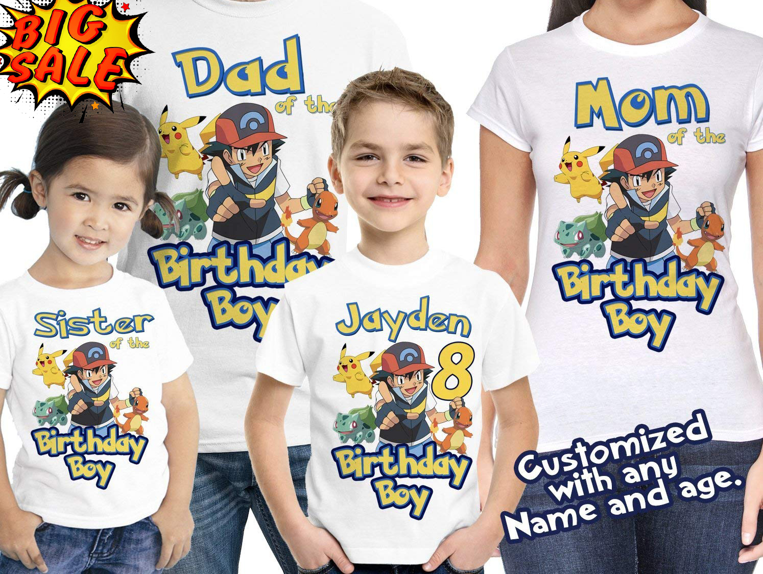 Pokemon Birthday Shirt, Custom Birthday Family Matching Shirt, Personalized Name and Age Shirt