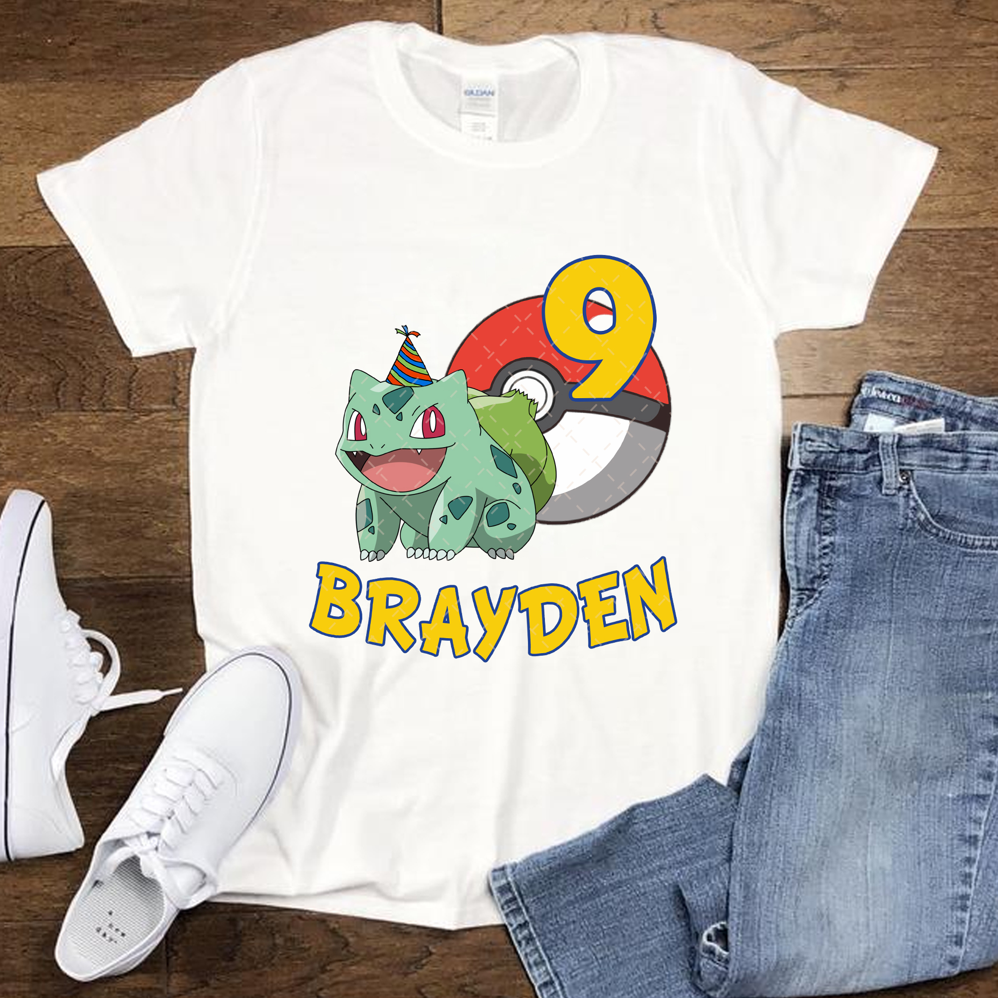 Bulbasaur Pokemon Custom Birthday Party T-shirt, Personalized With Name And Age