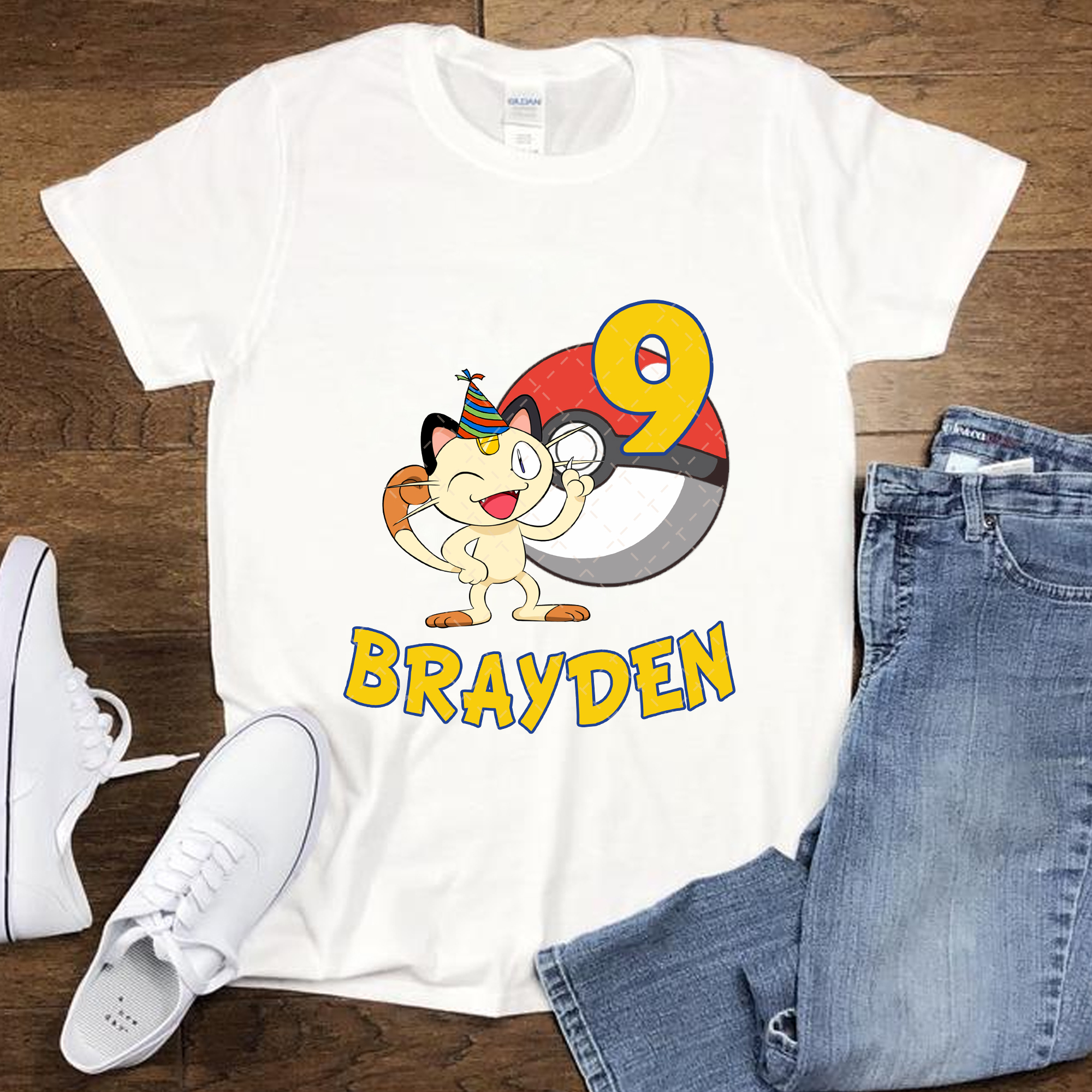 Meowth Pokemon Custom Birthday Party T-shirt, Personalized With Name And Age