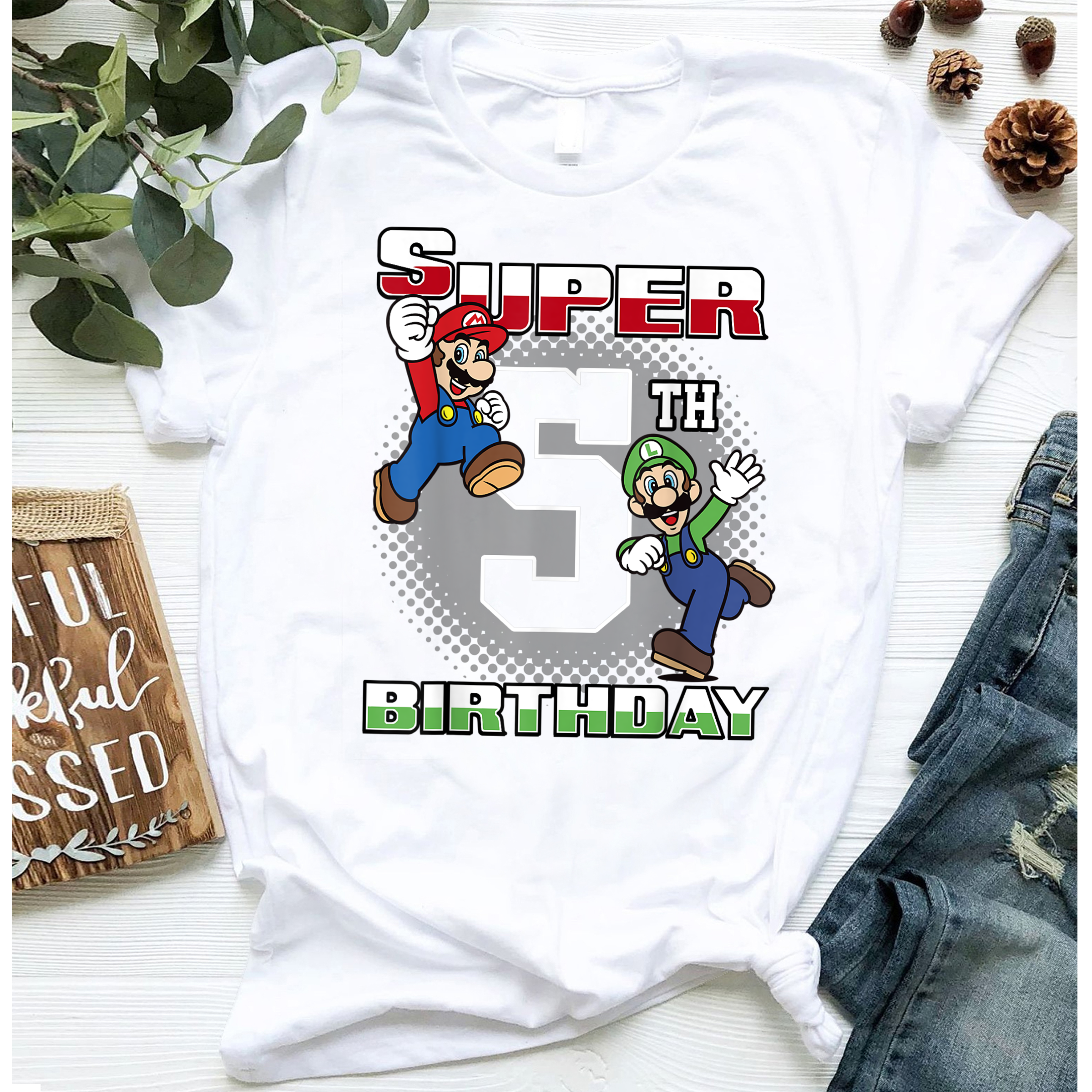 Super Mario And Luigi, Super Birthday 5th Birthday Portrait T-Shirt