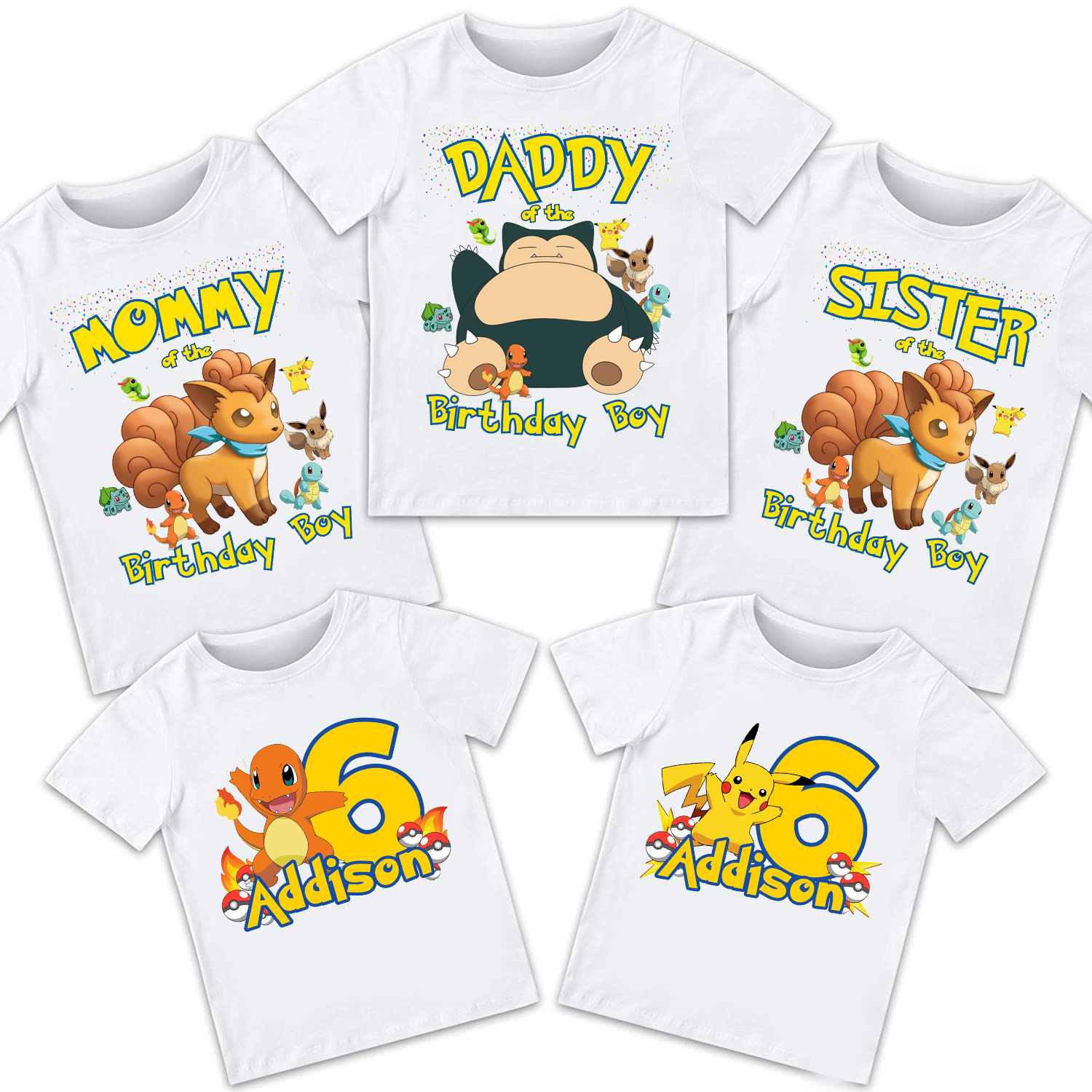 Pokemon Birthday Family Shirts, Pokemon Pikachu theme Shirt,  Family matching Shirt, Gift Birthday shirt, Charmander,Squirtle, Snorlax, Pikachu Shirt