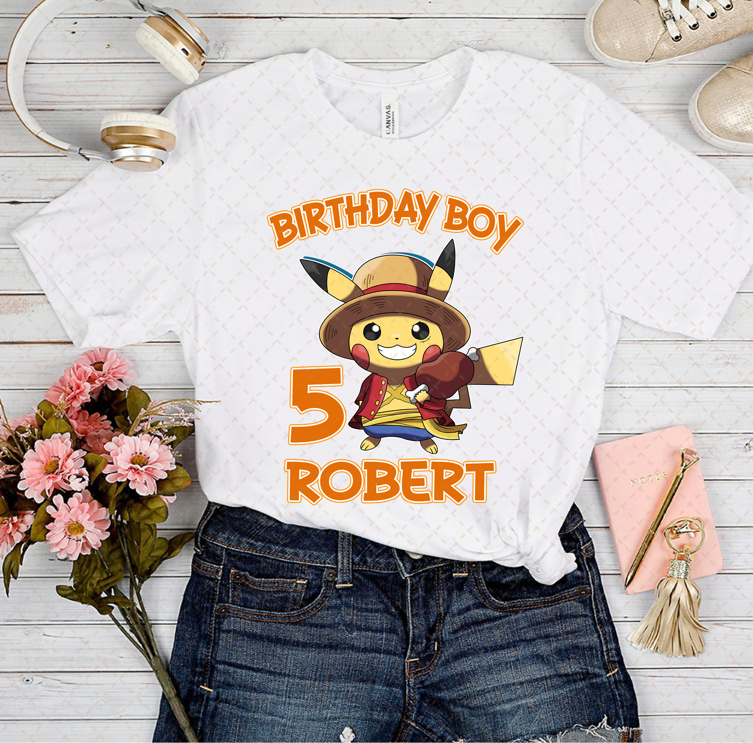 Pokemon Pikachu One Piece Luffy Birthday Shirt, Custom Name And Age Shirt