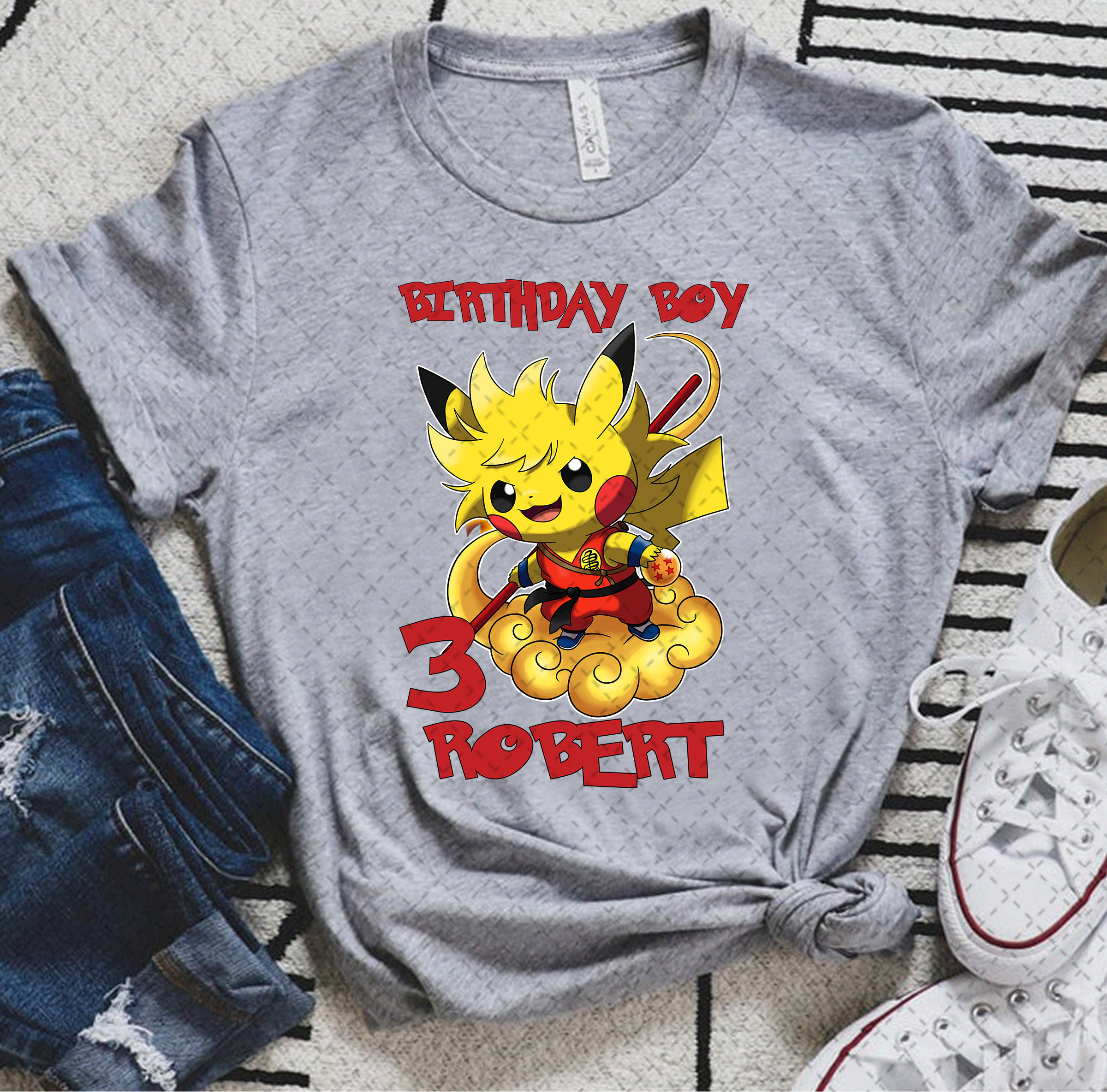 Pokemon Pikachu Dragon Ball Z Son Goku Birthday Shirt, Custom Name And Age Shirt