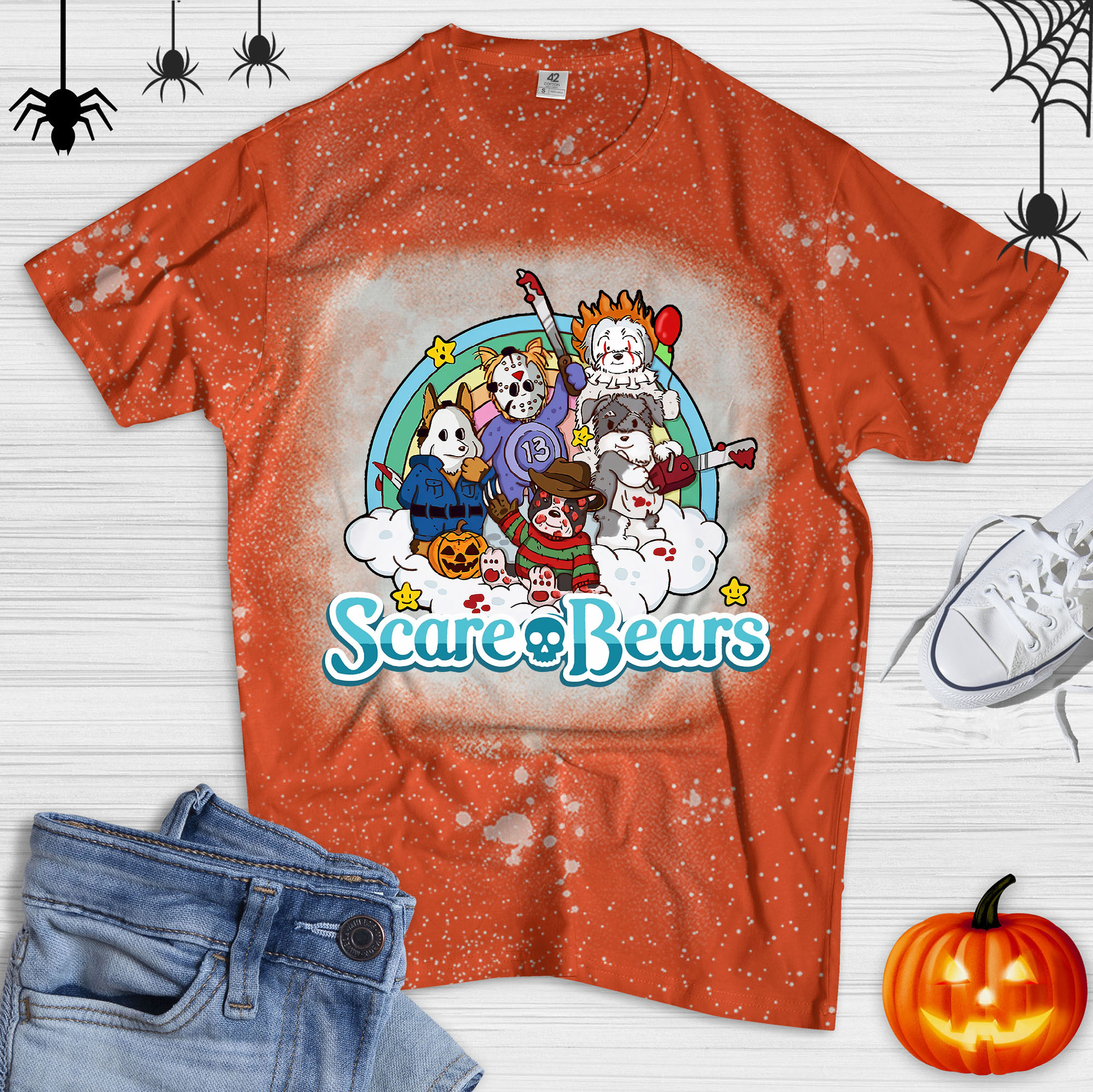 Scary Care Scare Bears Funny Halloween Horror Faces Vintage Bleached Shirt, Horror Movie Bleached Shirt, Care Bear Bleached Shirt, Michael Myers, Jason Voorhees Bleached Shirt