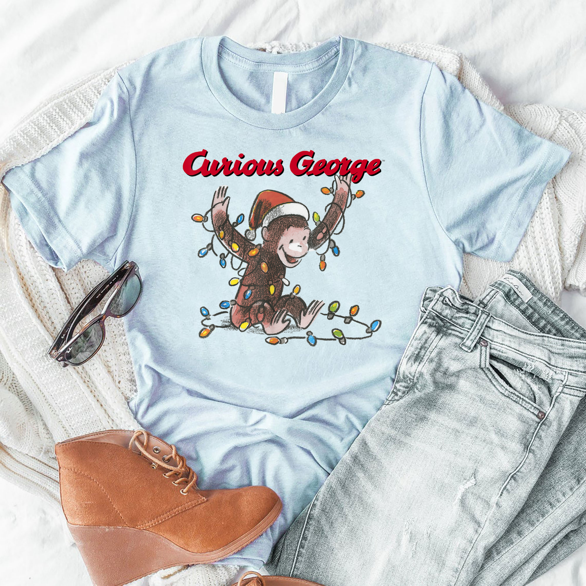 Curious George Christmas Lights Graphic Shirt, Curious George Kids Shirt, Curious George Birthday Shirt, Christmas For Kids
