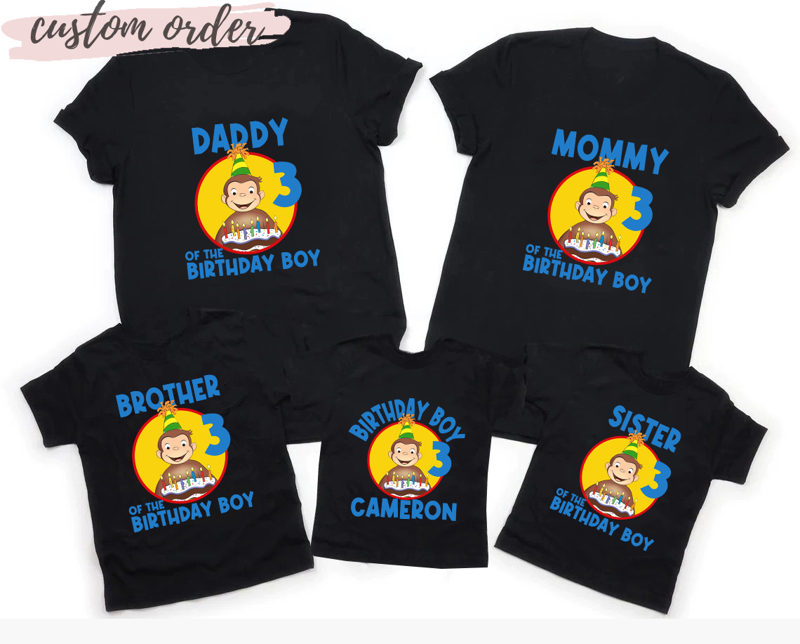 Curious George Theme Birthday Shirt, Boy Family matching shirts, Personalized Name and Age Customized Curious George Shirts