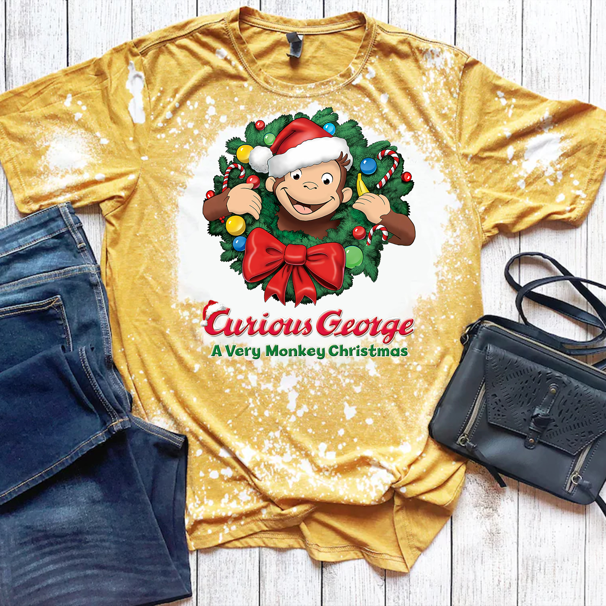 Curious George Christmas Bleached shirt, Monkey Kid Shirt, Monkey Birthday Shirt