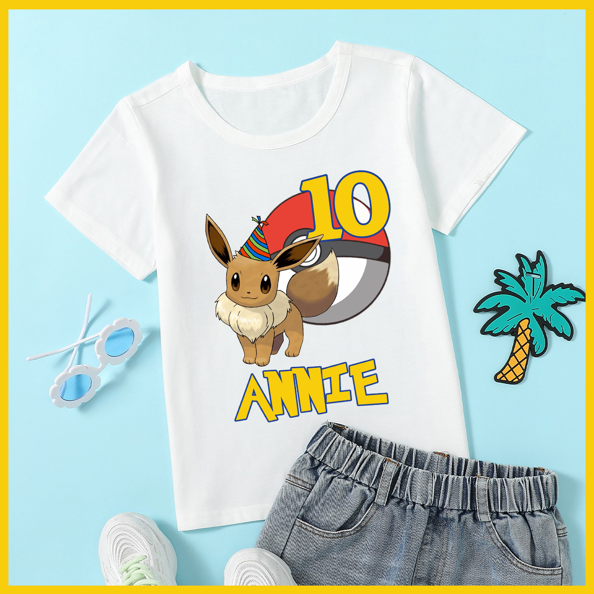 Eevee Pokemon Custom Birthday Party T-shirt For Girl, Personalized With Name And Age
