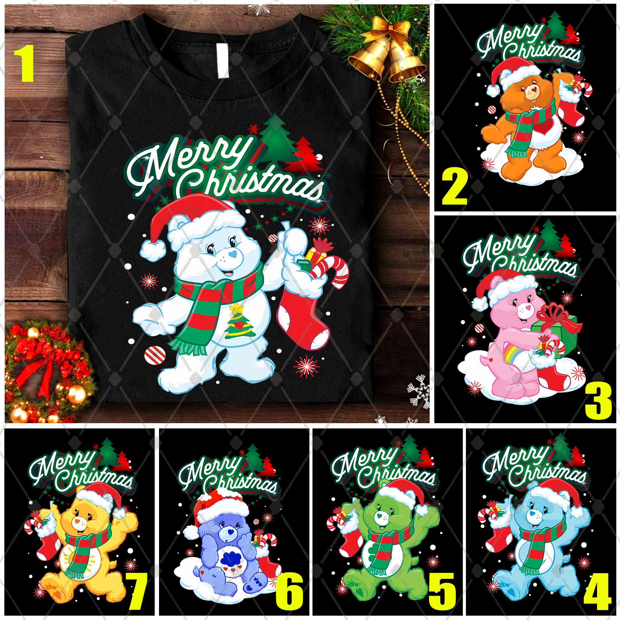 Care Bears Merry Christmas Family Shirts, Personalized Care Bears Family Shirt,  Wish bear, Grumpy, Love a Lot, Cheer Care Bears family tees