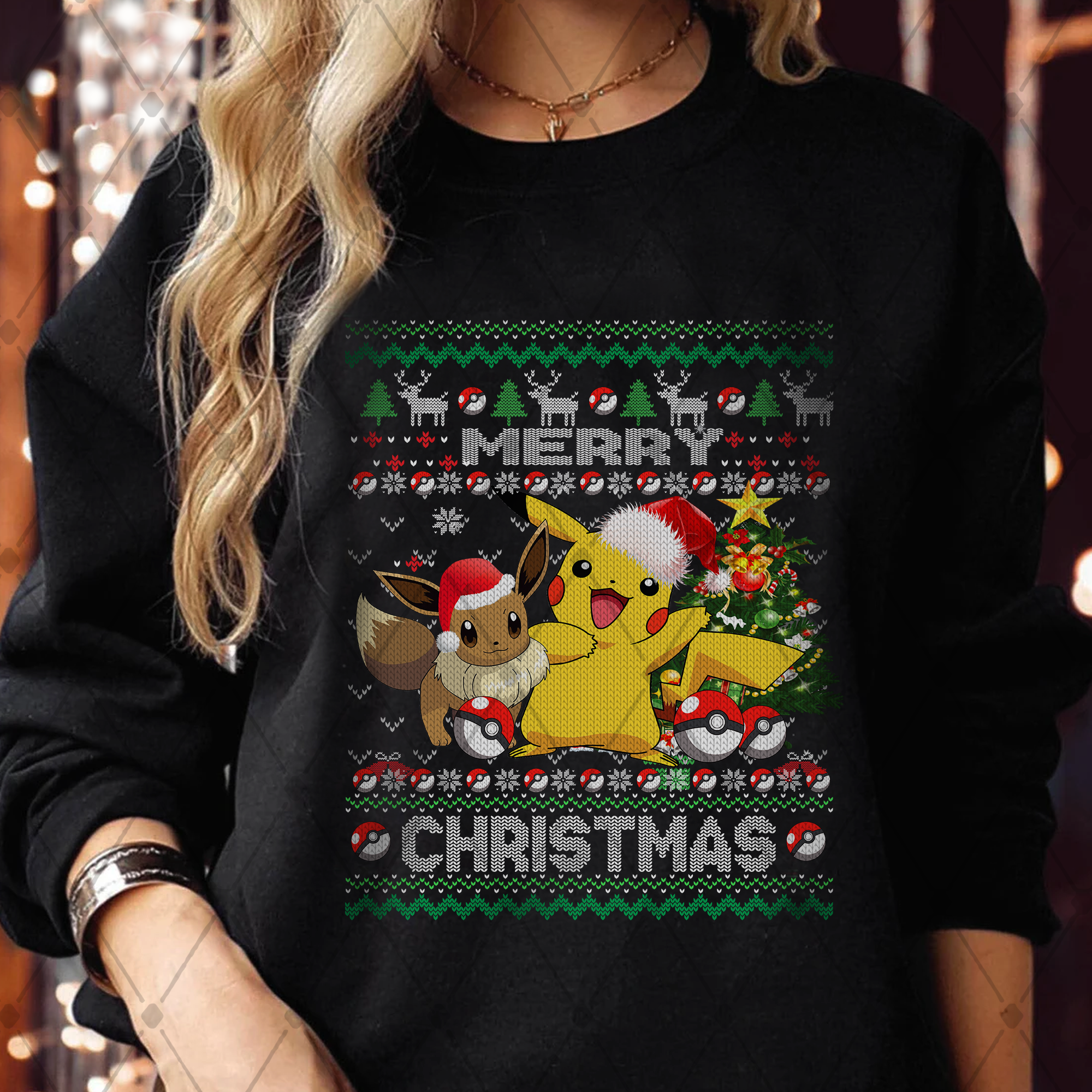 Pokemon Pikachu and Evee Friends Ugly Christmas Sweatshirt, Pokemon Ugly Sweatshirt, Pikachu Sweatshirt, Pokemon Gifts
