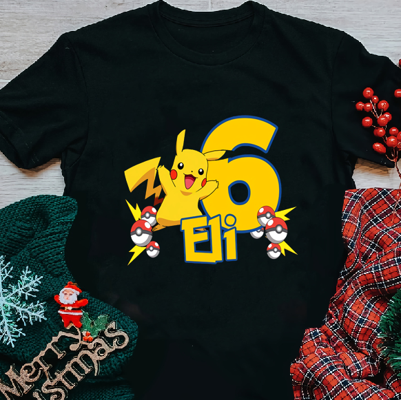 Pikachu Pokemon Birthday Custom Gift Party For Girl Unisex Kids Tee short Sleeve Tshirt Raglan Family Personalized Add Name and Age