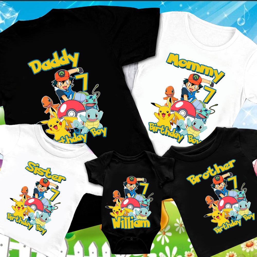 Custom Cool pokemon Name & Age Birthday Shirt, Pikachu Girls Birthday Boy-Girl Family Birthday Outfit, pokemon Theme Party Shirt gift
