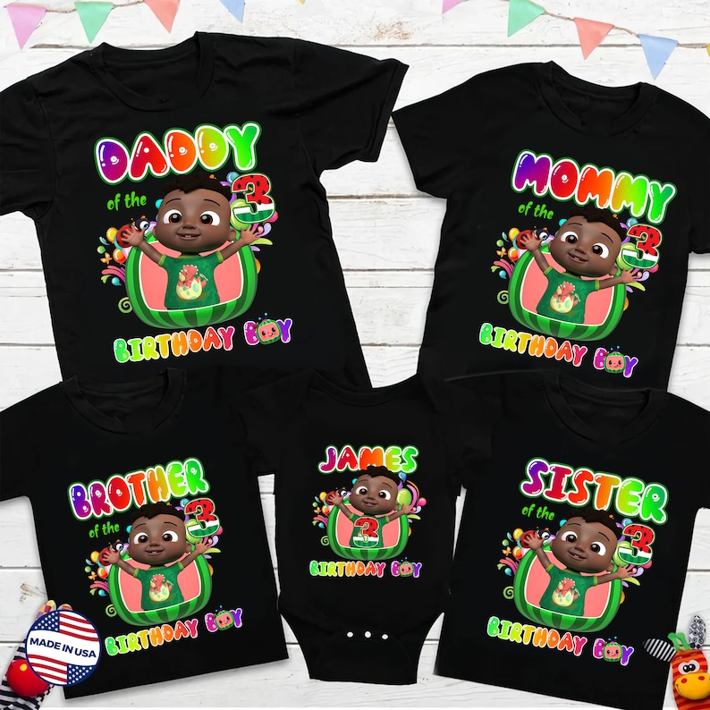 Personalized African American Boy Birthday Family Shirt, Cody Coco Melon Birthday Shirts, African American Cocomelon Kids Shirt, Custom Name And Age
