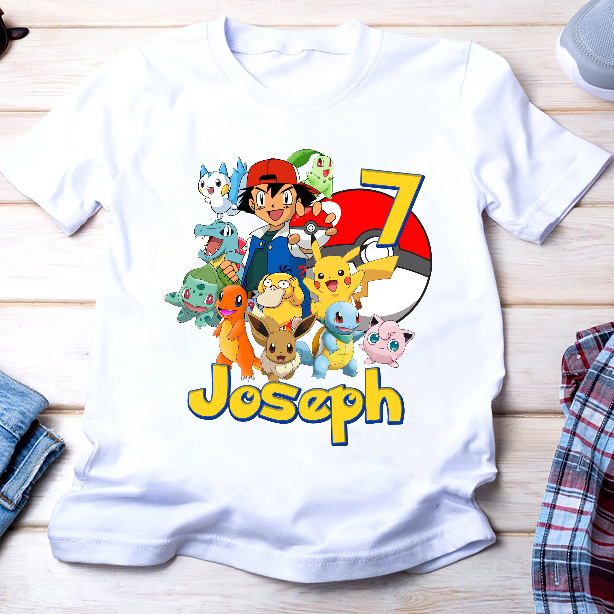 Pokemon Birthday Shirt, Funny Pikachu Game Cartoon Kids Family T-shirt, Custom Personalized Birthday Gift For Son Daughter