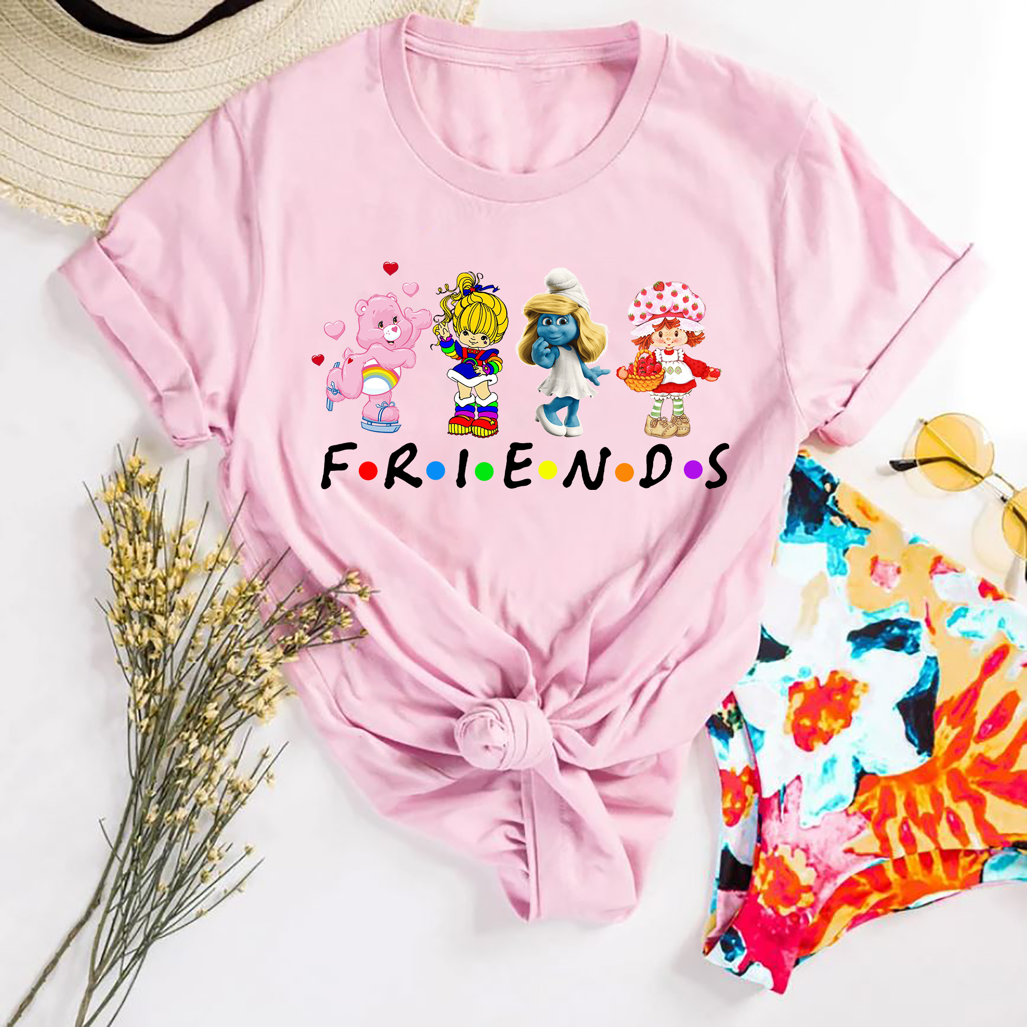 Vintage 80ss Friends Bleached Shirt, Care Bears, Strawberry Shortcake, She-ra, Rainbow Brite, Cheer Bear, Smurfette Shirt