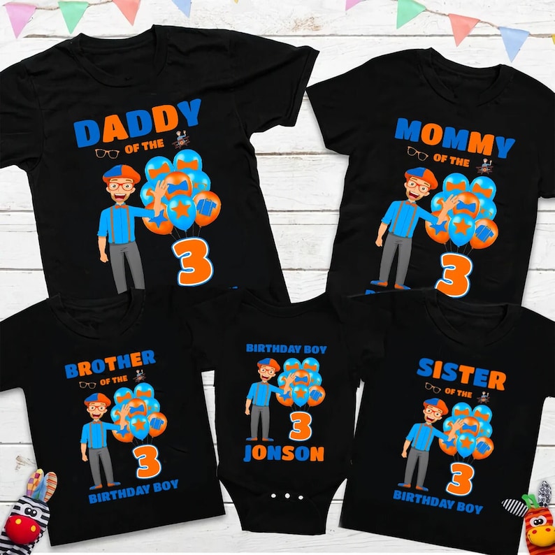 Personalized Blippi Family Birthday Shirt, Unisex T-Shirt, V-Neck, Sweatshirt, Kid T-shirt, Youth T-shirt, Toddler, Baby Onesie