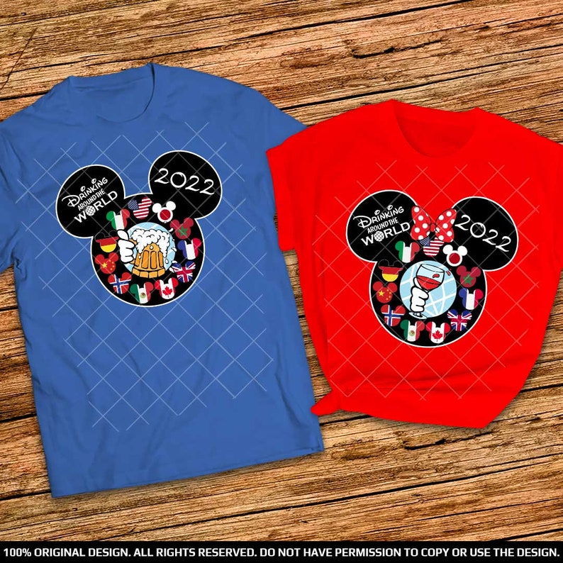 Epcot Trendy Mickey and Minnie Heads Countries Couple Shirts Drinking Beer and Wine around the World Epcot Matching Shirts Epcot Shirts 2022