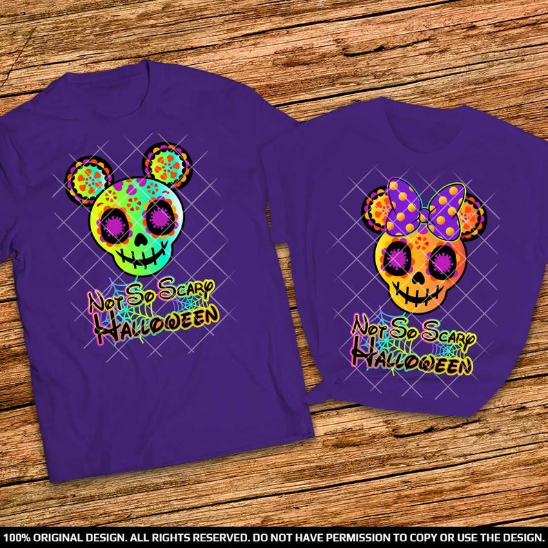 Purple Disneyland or Disneyworld Halloween Couple shirts Sugar Skull Mickey and Minnie halloween shirts Not So Scary Halloween Couple Shirts