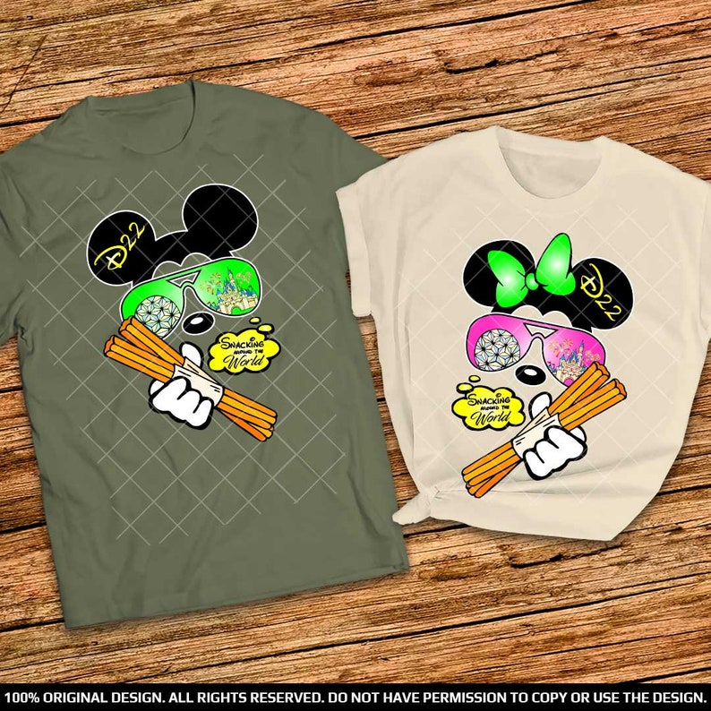 Trendy Mickey and Minnie Eating Churro Couple Shirts Snacking around the world Epcot Disney Couple shirts Eating around the world Epcot Tees