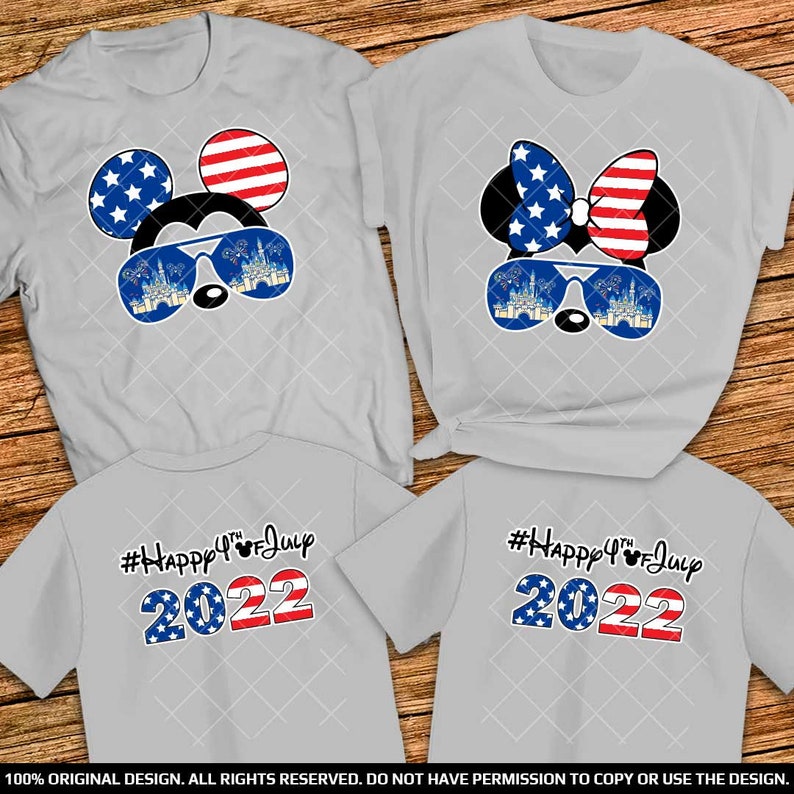 Front and Back print 4th of July Disney Couple Shirts 2022 Independance day Mickey Ears and Minnie Bow American Flag Matching Shirts 2022