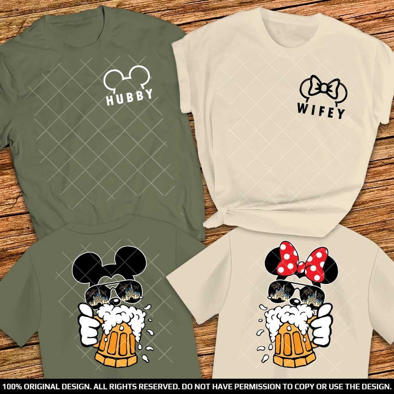 Hubby and Wifey Pocket Size Drinking Shirts Mickey and Minnie Beer Front and Back print Disney Couple shirts Food and Wine Fest Matching Tee