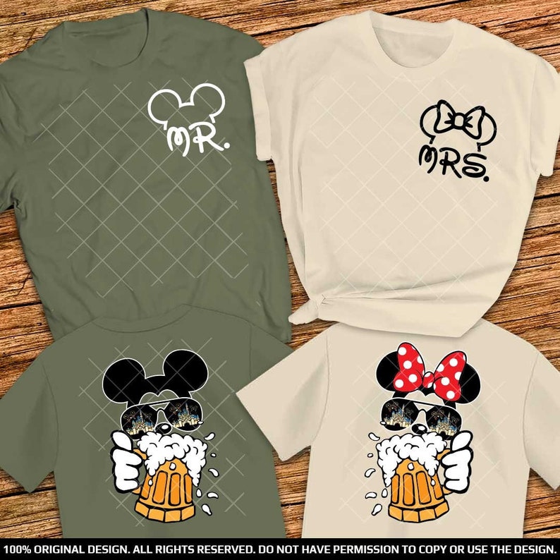Pocket Size Mr and Mrs Drinking Shirts Mickey Beer Minnie Beer Front and Back print Disney Couple shirts Food and Wine Fest Matching Shirts