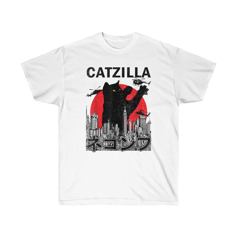 Catzilla Japanese Vintage Sunset Style Cat Kitten Lover Essential T-Shirt , Gift for Halloween, Unisex Ultra Cotton Tee