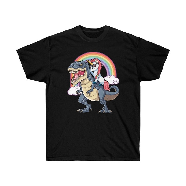 Unicorn Riding Dinosaur T Shirt T-Rex Funny Unicorns Party Rainbow Squad Gifts for Kids Boys Girls E , Unisex Ultra Cotton Tee