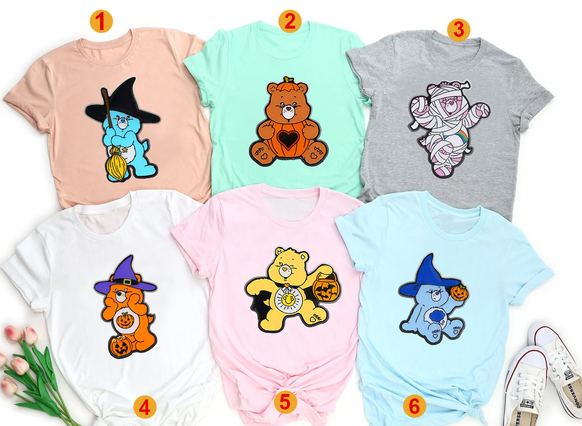 Personalized Care Bears Trick or Sweet Bear T-Shirt, Pumpkin Care Bear Characters Shirt, Cute Halloween Care Bear Tee Bear Graphic Shirt