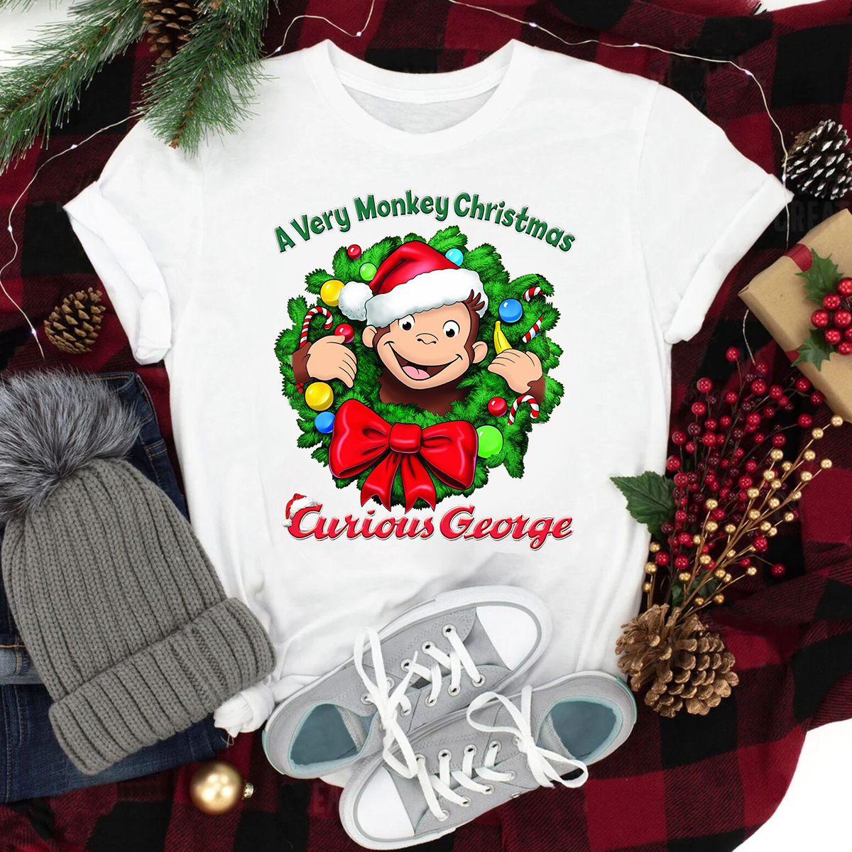 Curious George Christmas Shirt, Custom Curious George christmas gift, Customized Curious George Shirts, Family Tee, Monkey Christmas shirt