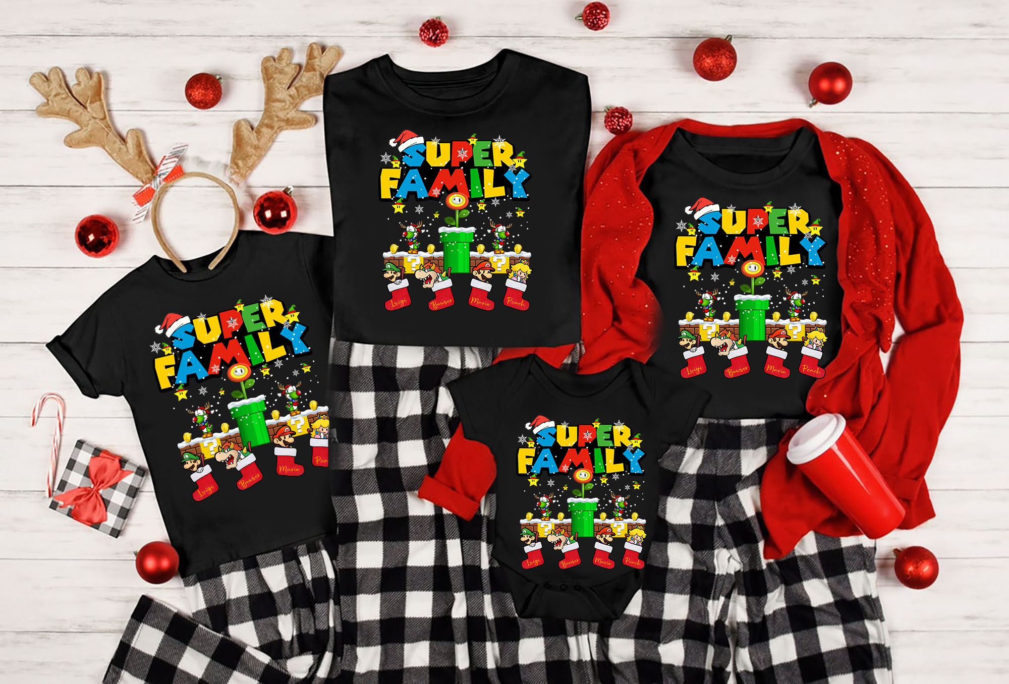 Personalized Super Mario Christmas Family Shirt, Super Mario Christmas Shirt, Super Daddio Mommio Kiddo Shirt, Xmas Gifts