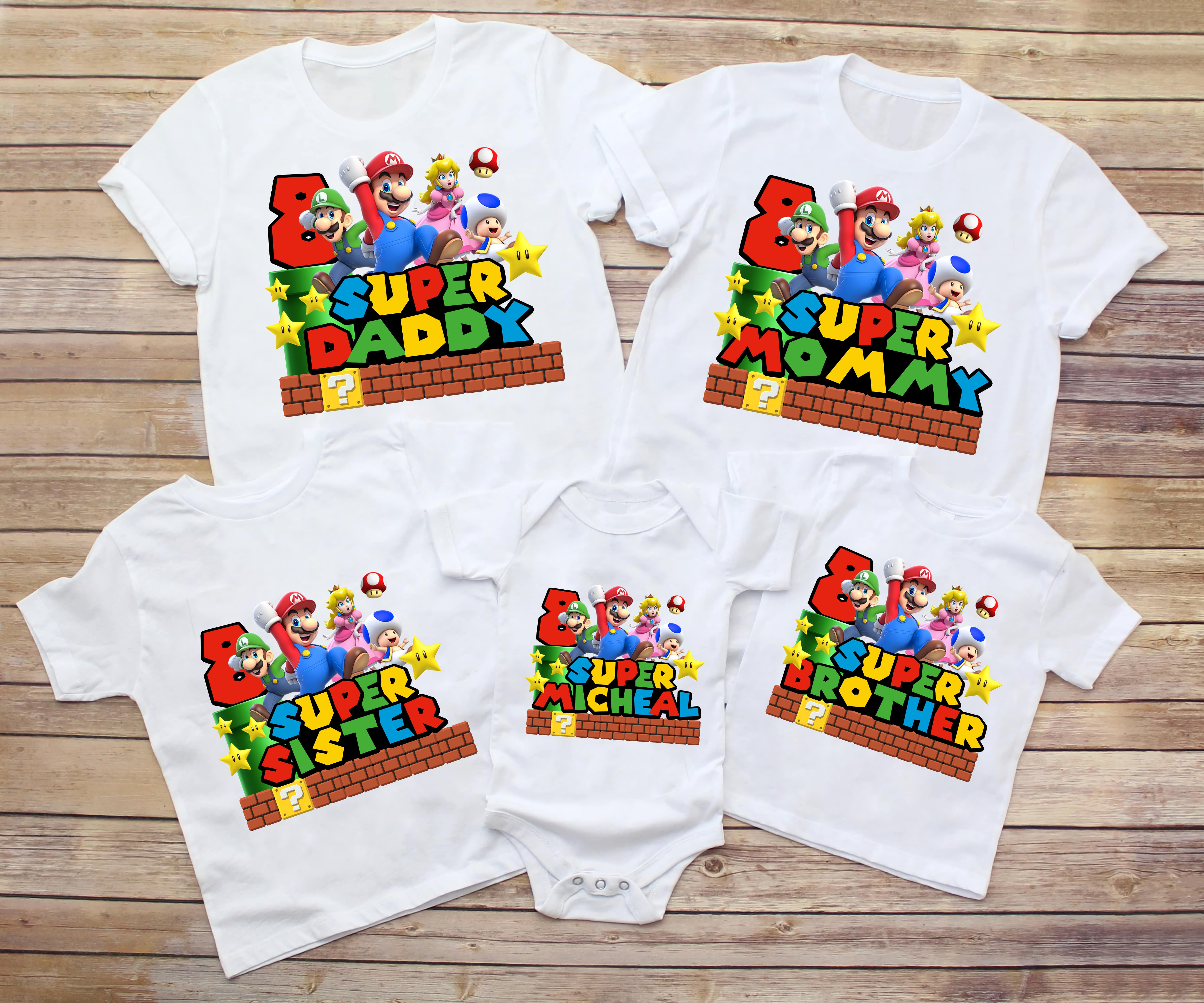 Super Mario Birthday Family custom shirts. Super Mario Birthday T-shirts. Mario Birthday T-shirts
