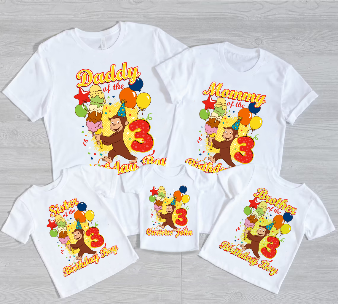 Personalized Curious George Birthday Set Shirt, Custom Name and Age, Customized Curious George Shirts, Family Tee, Monkey Curious George Tee