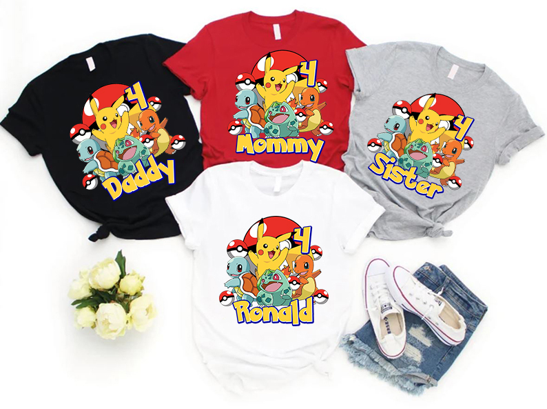 Pokemon Birthday Shirt, Funny Pikachu Game Cartoon Family T-shirt, Custom Personalized Gamer Birthday Gift