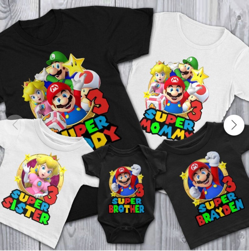 Super Mommy, Super Daddy, Mario Birthday, Personalize w Any Name, Many Characters To Choose From! Any Color T-Shirt, Long-Sleeve or Hoodie