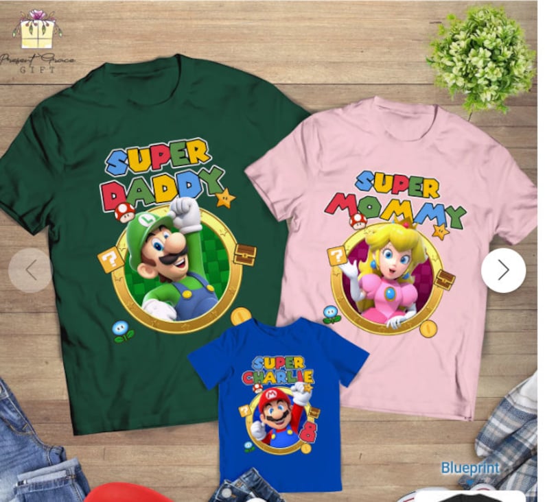 Personalized Super Mommy, Super Daddy, Mario Birthday, Personalize w Any Name, Many Characters To Choose From! Any Color T-Shirt, Long-Sleeve or Hoodie