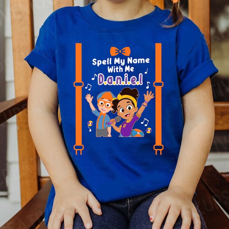 Personalized Blippi and Meekah Shirt, Blippis Birthday Shirt, Blue Shirt Orange Suspenders With Bow Tie, Custom Birthday Shirts