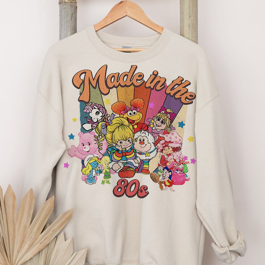 Retro Cartoon Friends Nostalgia Sweatshirt, 80s Cartoon Friends Shirt, Friends 08ss Cartoon Characters Rainbow Care Bears And Strawberry Tee